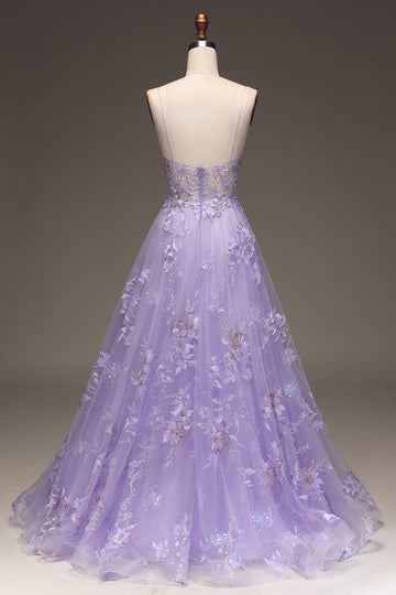 Purple A-Line Sequins Ball Dress with Embroidery